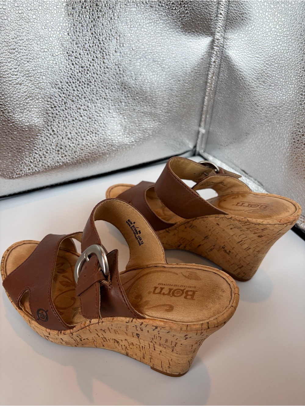 Born Brown Leather Cork Wedge Sandals with Buckle